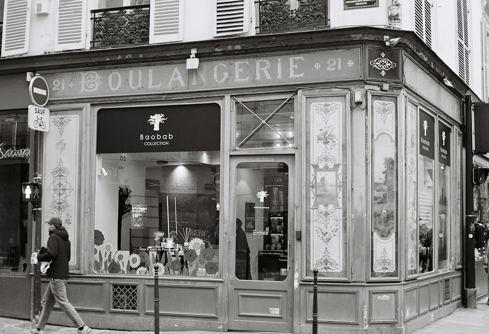 Facade of a local business in a European street.