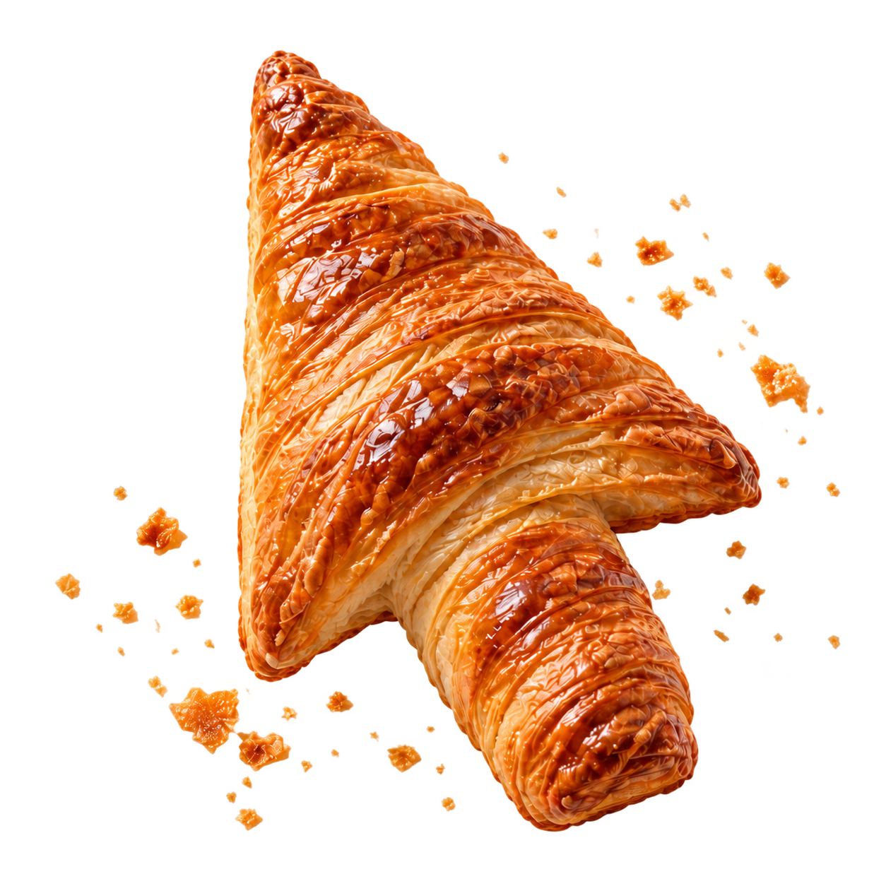 A computer cursor made from a golden, flaky croissant.